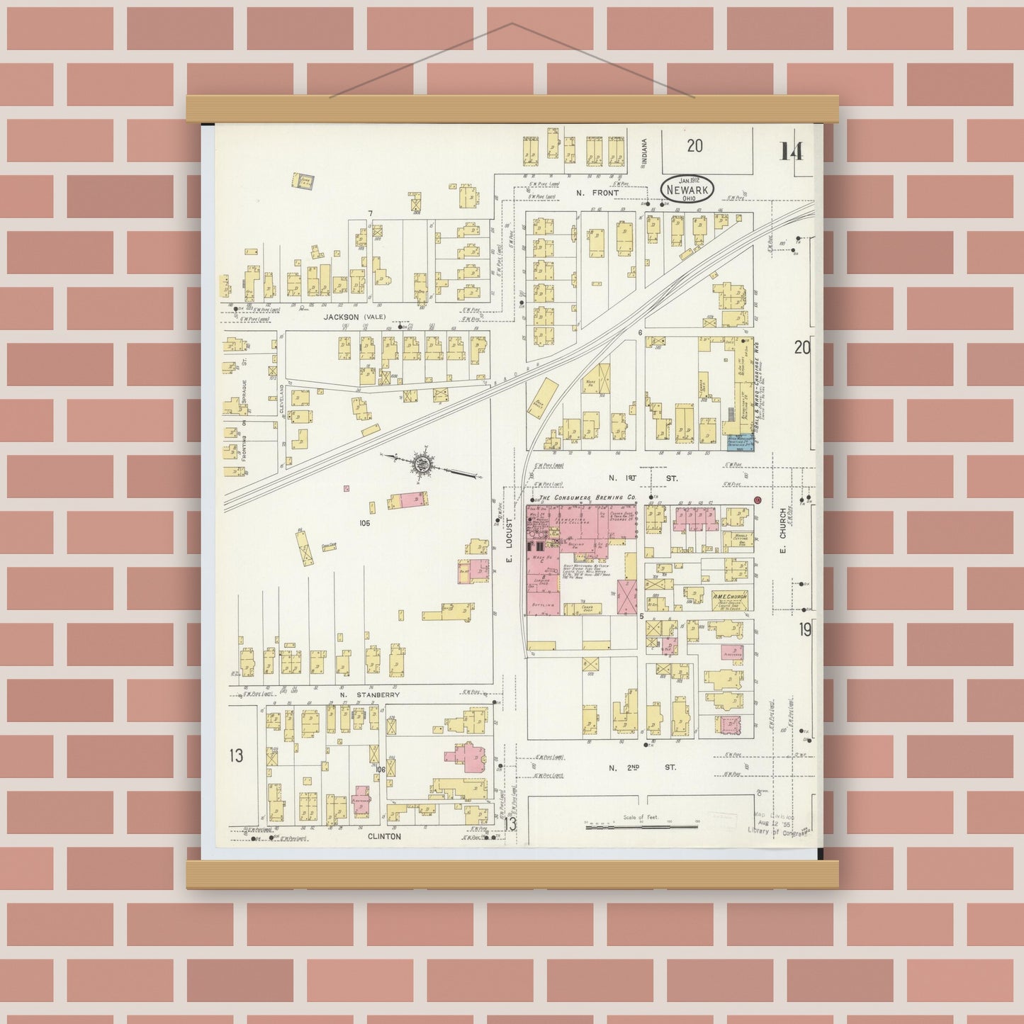 Old map wall art mockup — magnetic wood frame on brick wall — Sanborn Fire Insurance Map from Newark, Licking County, Ohio (1912), Sheet #0014