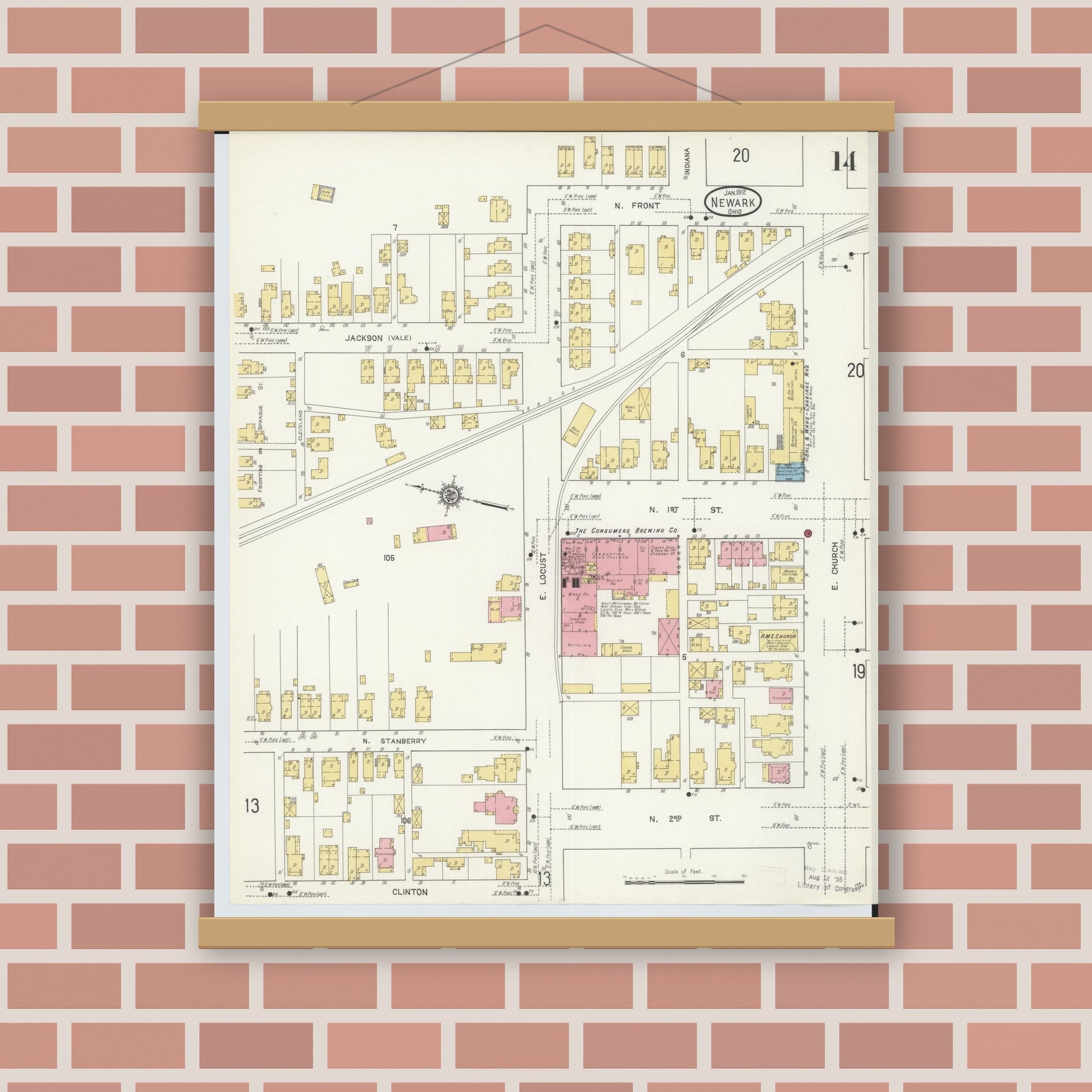 Old map wall art mockup — magnetic wood frame on brick wall — Sanborn Fire Insurance Map from Newark, Licking County, Ohio (1912), Sheet #0014