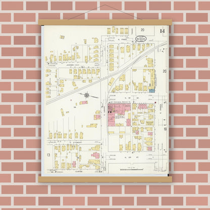 Old map wall art mockup — magnetic wood frame on brick wall — Sanborn Fire Insurance Map from Newark, Licking County, Ohio (1912), Sheet #0014