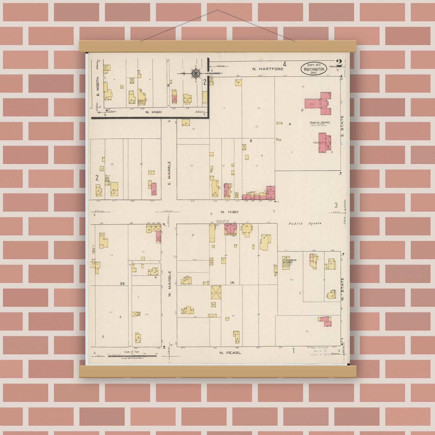 Old map wall art mockup — magnetic wood frame on brick wall — Sanborn Fire Insurance Map from Worthington, Franklin County, Ohio (1922), Sheet #0002