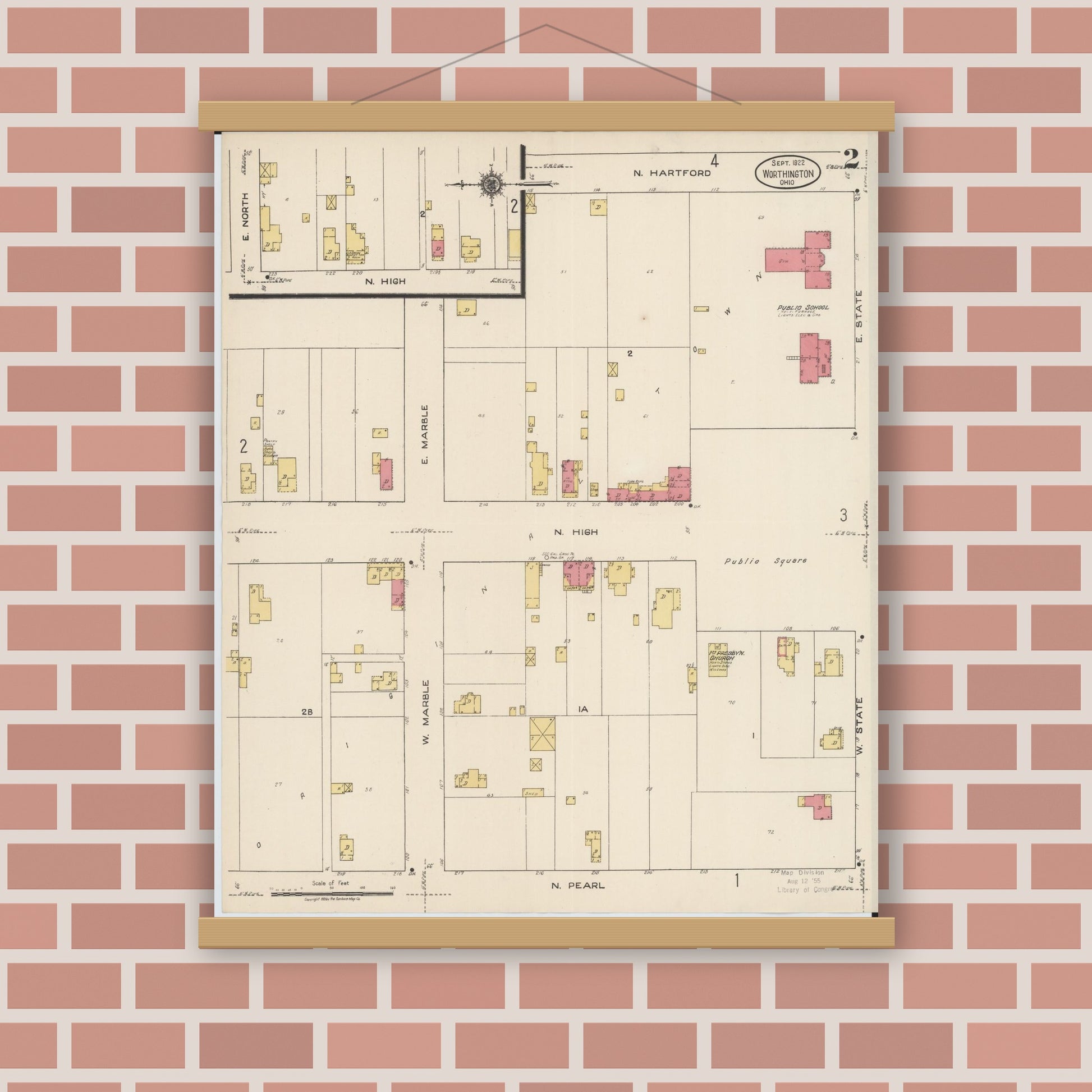 Old map wall art mockup — magnetic wood frame on brick wall — Sanborn Fire Insurance Map from Worthington, Franklin County, Ohio (1922), Sheet #0002