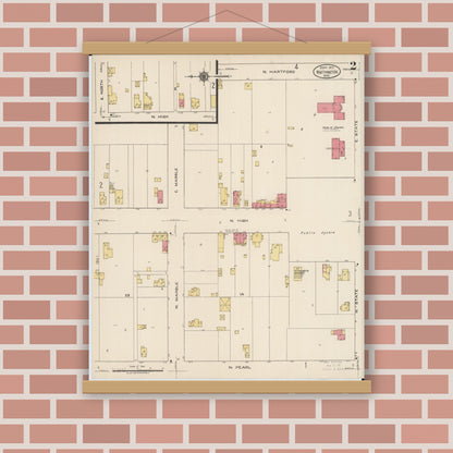 Old map wall art mockup — magnetic wood frame on brick wall — Sanborn Fire Insurance Map from Worthington, Franklin County, Ohio (1922), Sheet #0002