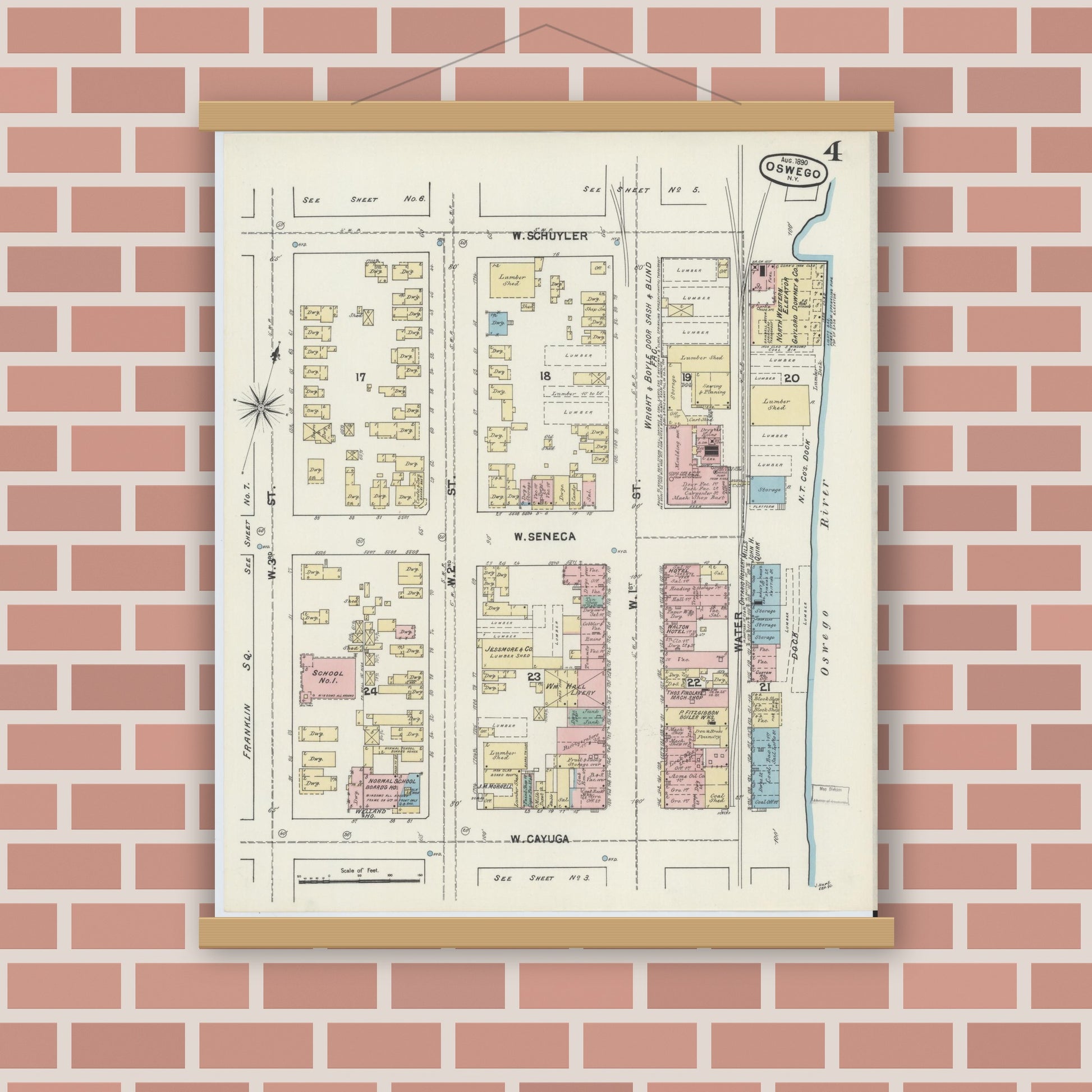 Old map wall art mockup — magnetic wood frame on brick wall — Sanborn Fire Insurance Map from Oswego, Oswego County, New York (1890), Sheet #0004