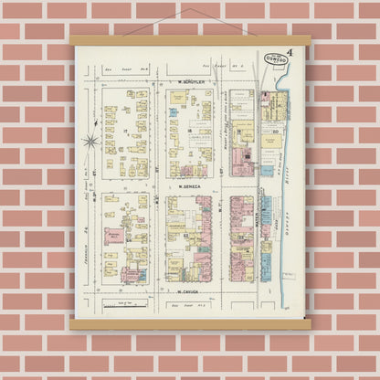 Old map wall art mockup — magnetic wood frame on brick wall — Sanborn Fire Insurance Map from Oswego, Oswego County, New York (1890), Sheet #0004