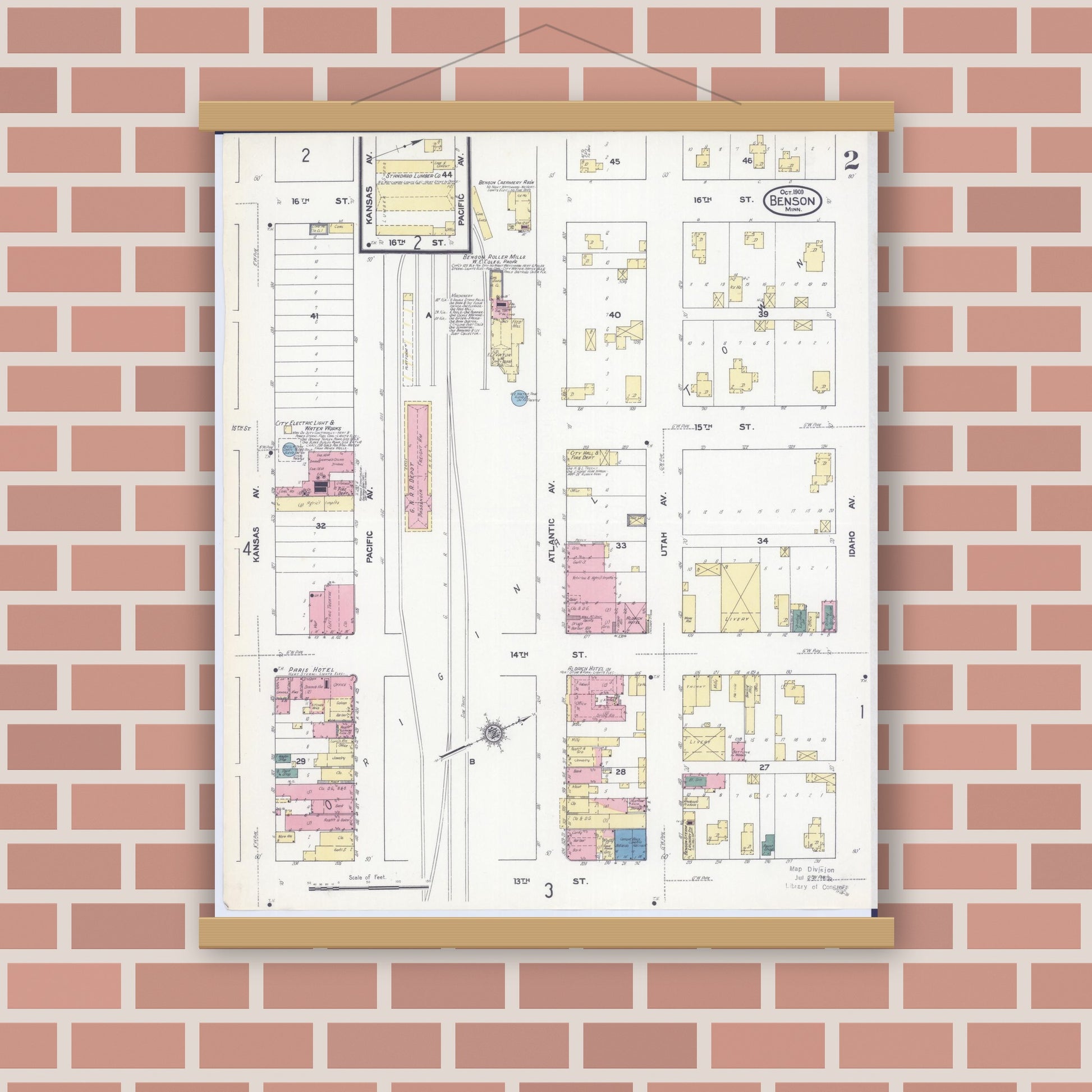 Old map wall art mockup — magnetic wood frame on brick wall — Sanborn Fire Insurance Map from Benson, Swift County, Minnesota (1909), Sheet #0002