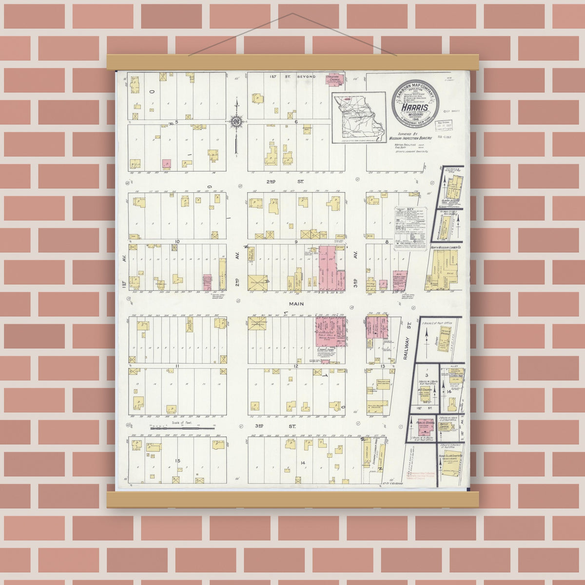 Old map wall art mockup — magnetic wood frame on brick wall — Sanborn Fire Insurance Map from Harris, Sullivan County, Missouri (1916), Sheet #0001