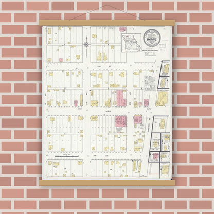 Old map wall art mockup — magnetic wood frame on brick wall — Sanborn Fire Insurance Map from Harris, Sullivan County, Missouri (1916), Sheet #0001