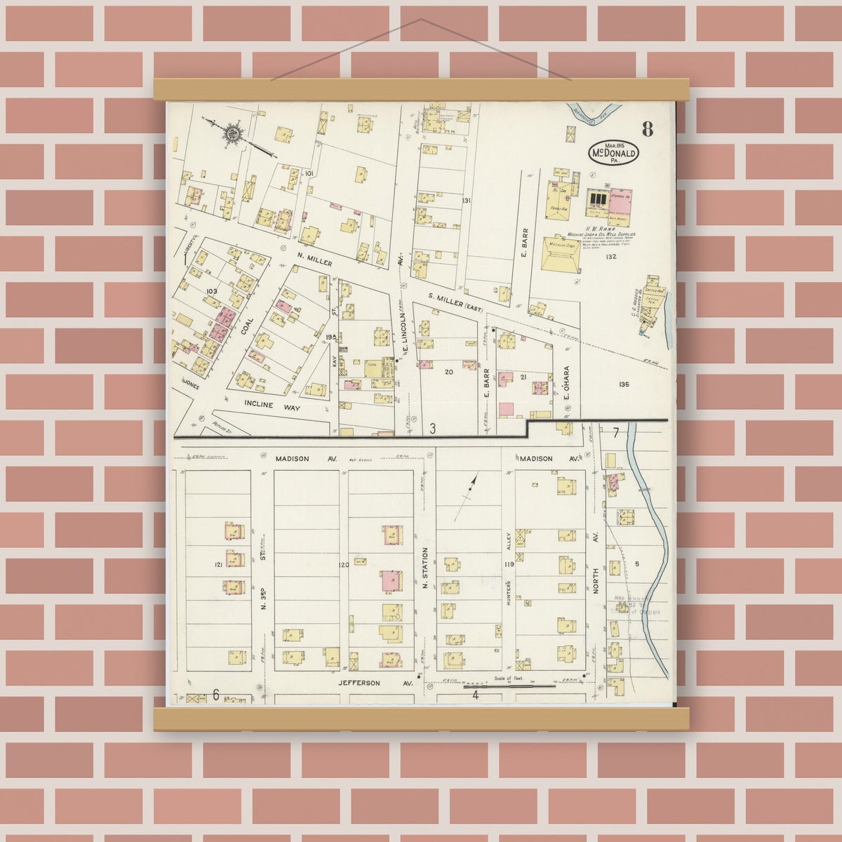 Old map wall art mockup — magnetic wood frame on brick wall — Sanborn Fire Insurance Map from McDonald, Washington County, Pennsylvania (1915), Sheet #0008