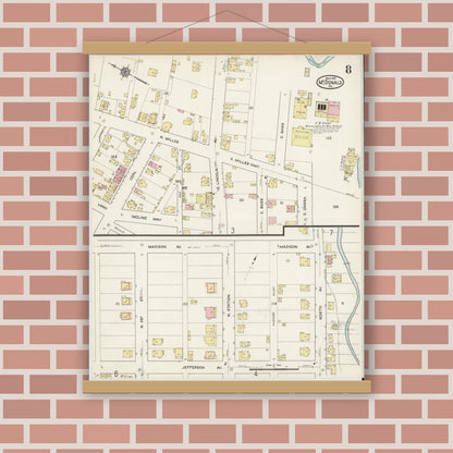 Old map wall art mockup — magnetic wood frame on brick wall — Sanborn Fire Insurance Map from McDonald, Washington County, Pennsylvania (1915), Sheet #0008