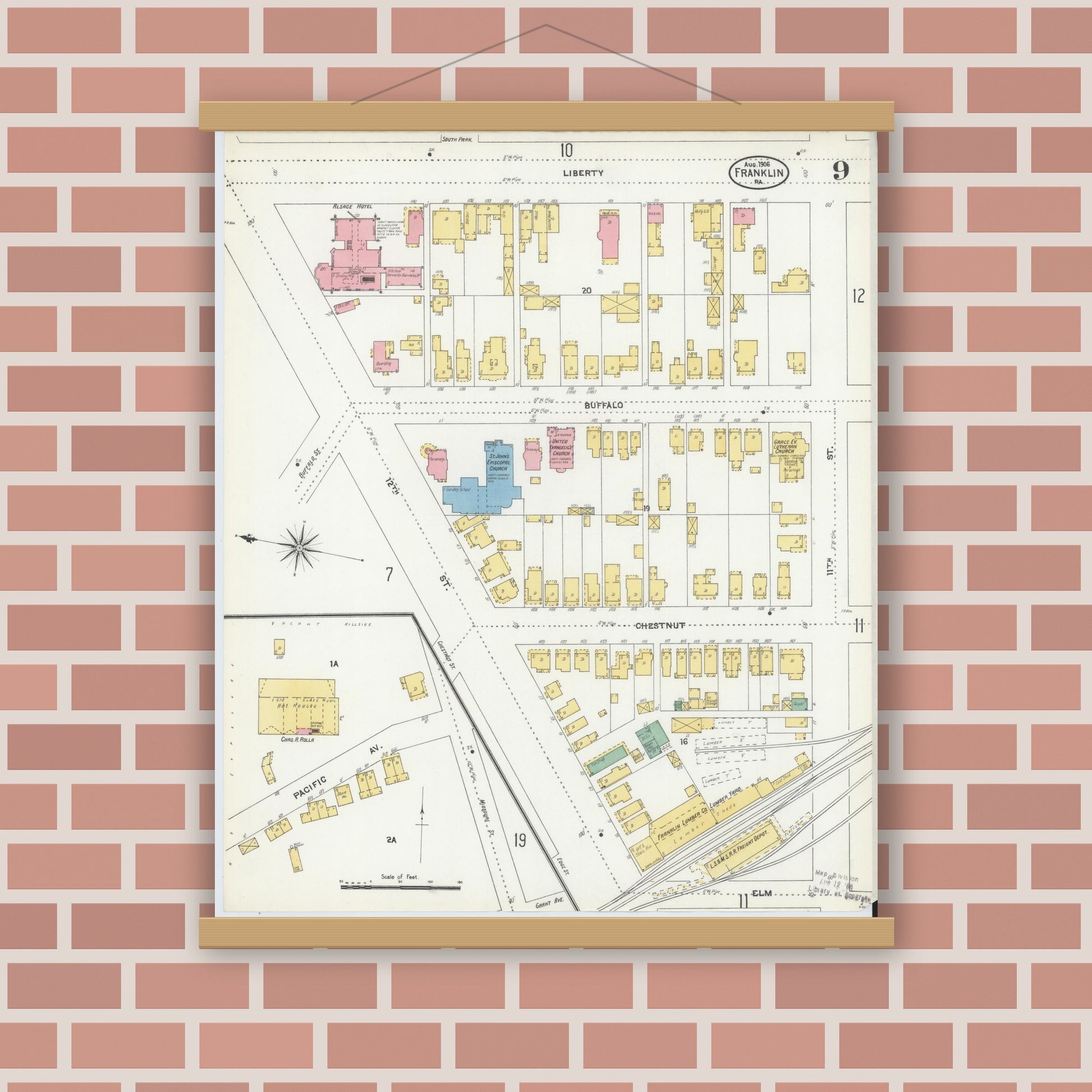Old map wall art mockup — magnetic wood frame on brick wall — Sanborn Fire Insurance Map from Franklin, Venango County, Pennsylvania (1906), Sheet #0009