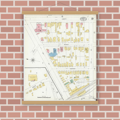 Old map wall art mockup — magnetic wood frame on brick wall — Sanborn Fire Insurance Map from Franklin, Venango County, Pennsylvania (1906), Sheet #0009