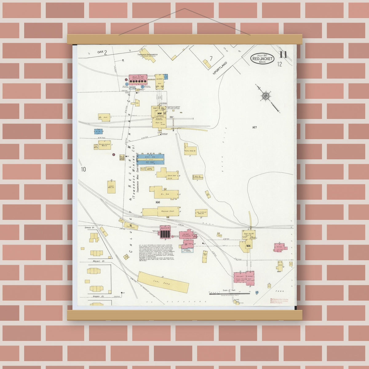 Old map wall art mockup — magnetic wood frame on brick wall — Sanborn Fire Insurance Map from Red Jacket, Houghton County, Michigan (1917), Sheet #0011