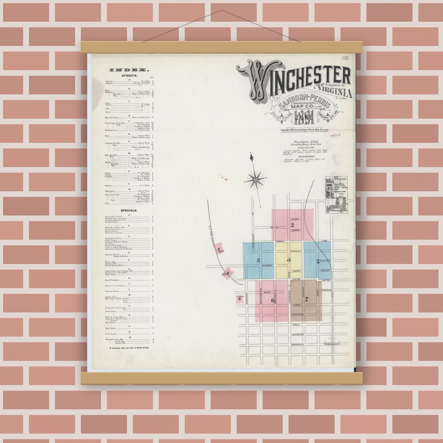 Old map wall art mockup — magnetic wood frame on brick wall — Sanborn Fire Insurance Map from Winchester, Independent Cities, Virginia (1891) - Complete Map Set