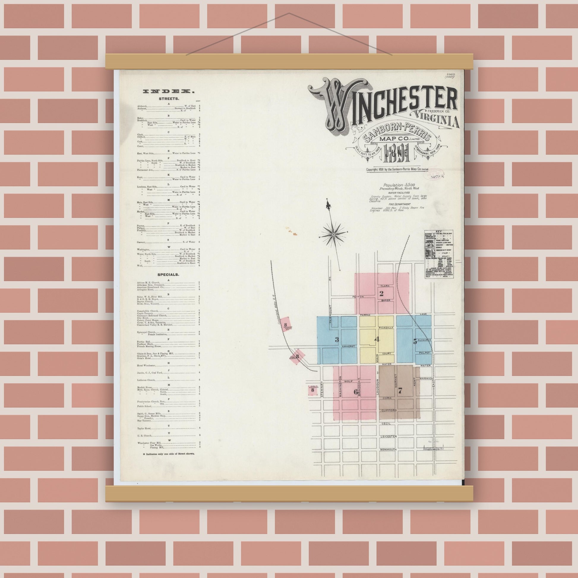 Old map wall art mockup — magnetic wood frame on brick wall — Sanborn Fire Insurance Map from Winchester, Independent Cities, Virginia (1891) - Complete Map Set