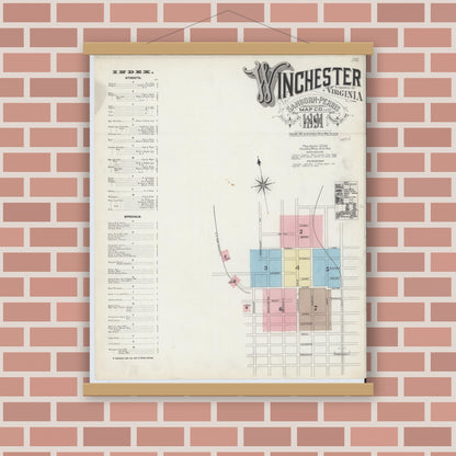 Old map wall art mockup — magnetic wood frame on brick wall — Sanborn Fire Insurance Map from Winchester, Independent Cities, Virginia (1891) - Complete Map Set