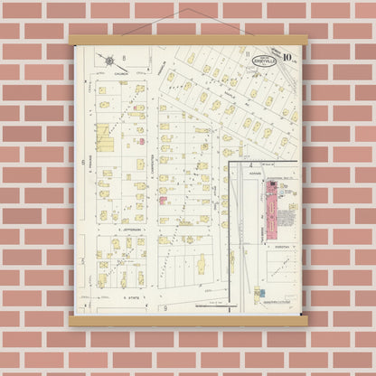 Old map wall art mockup — magnetic wood frame on brick wall — Sanborn Fire Insurance Map from Jerseyville, Jersey County, Illinois (1914), Sheet #0010