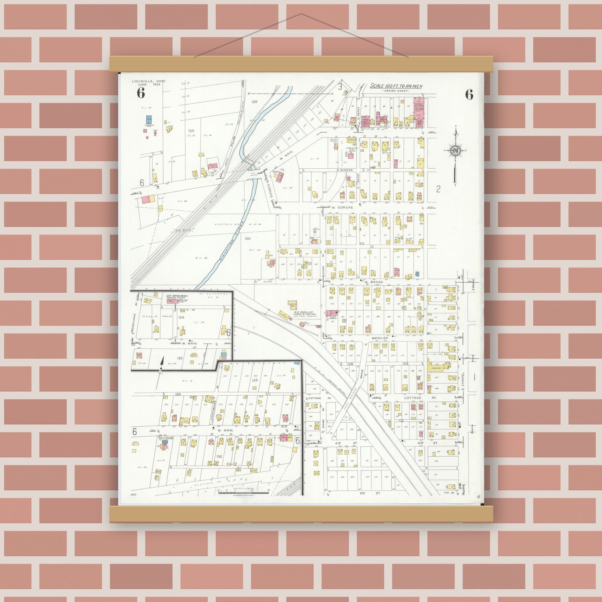 Old map wall art mockup — magnetic wood frame on brick wall — Sanborn Fire Insurance Map from Louisville, Stark County, Ohio (1933), Sheet #0006