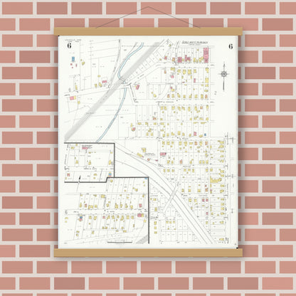 Old map wall art mockup — magnetic wood frame on brick wall — Sanborn Fire Insurance Map from Louisville, Stark County, Ohio (1933), Sheet #0006