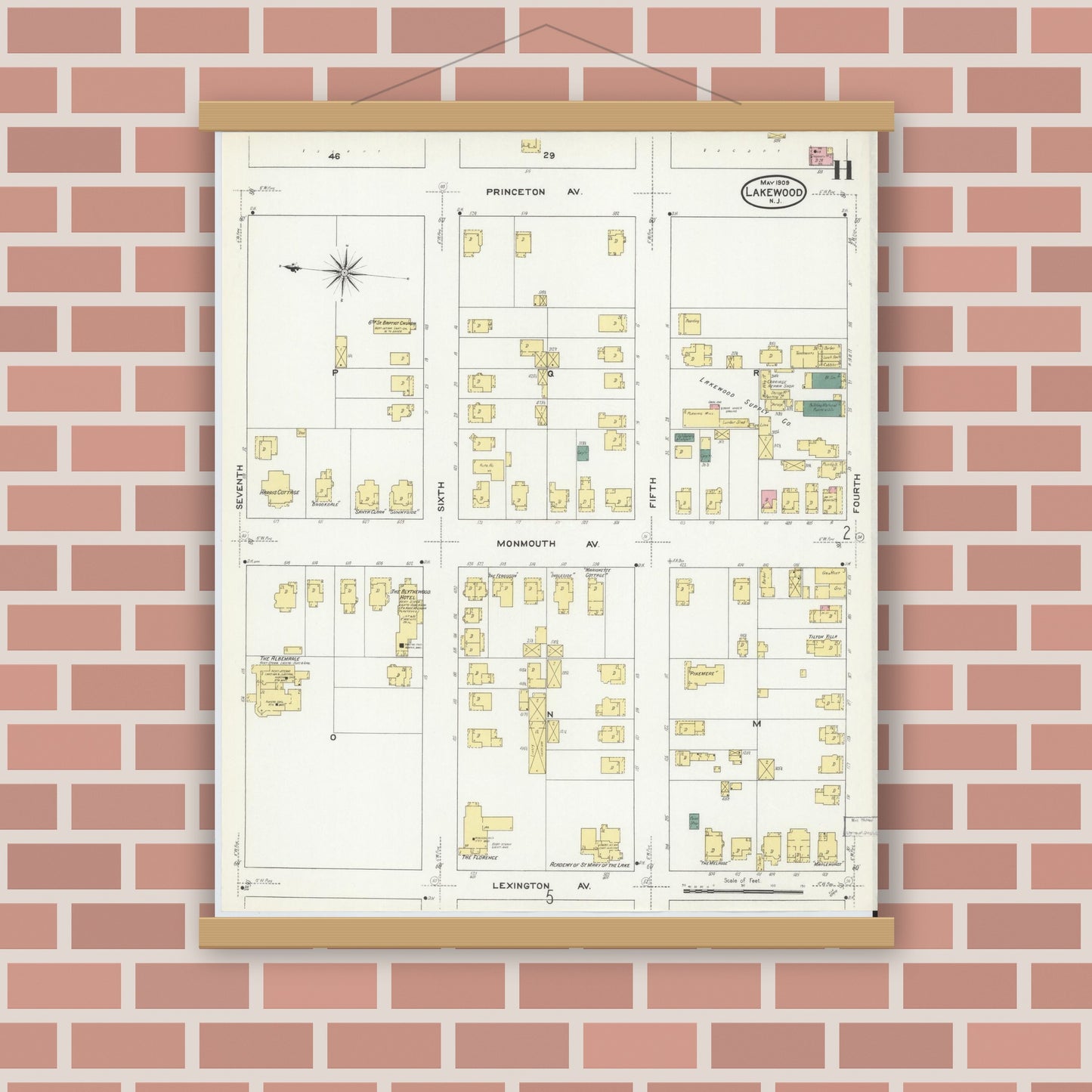 Old map wall art mockup — magnetic wood frame on brick wall — Sanborn Fire Insurance Map from Lakewood, Ocean County, New Jersey (1909), Sheet #0011