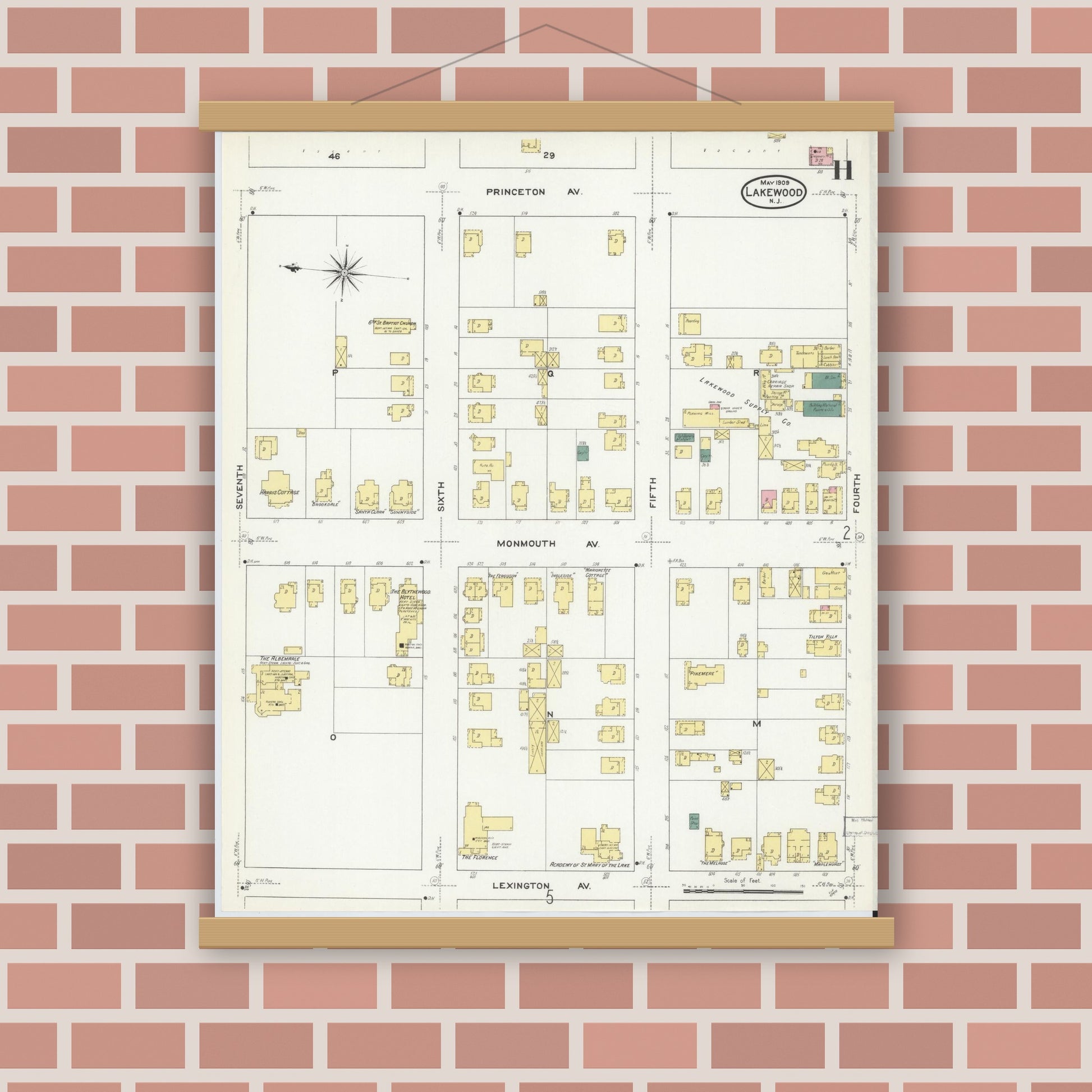Old map wall art mockup — magnetic wood frame on brick wall — Sanborn Fire Insurance Map from Lakewood, Ocean County, New Jersey (1909), Sheet #0011