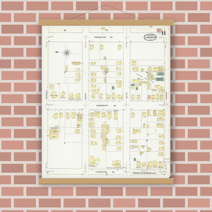 Old map wall art mockup — magnetic wood frame on brick wall — Sanborn Fire Insurance Map from Lakewood, Ocean County, New Jersey (1909), Sheet #0011