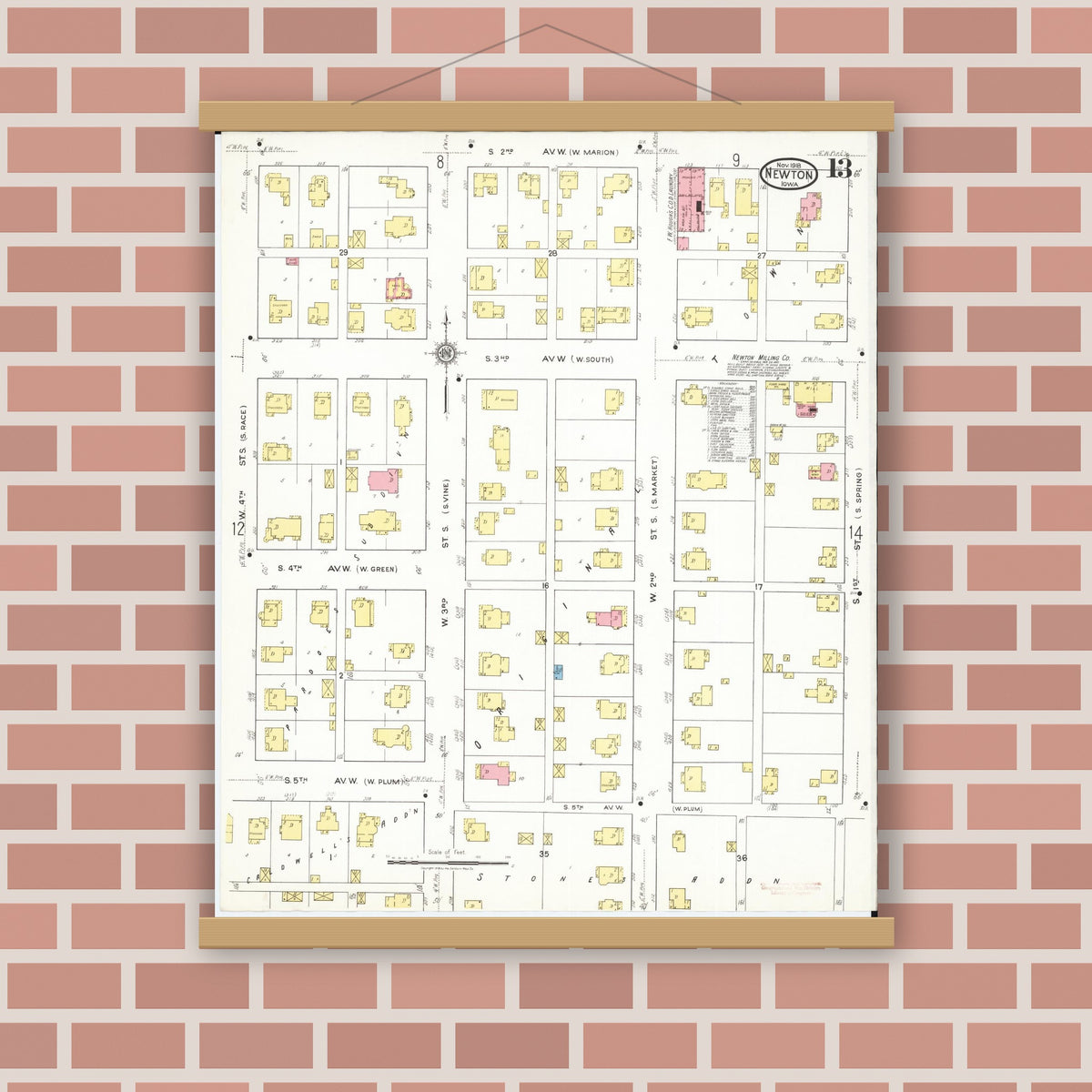 Old map wall art mockup — magnetic wood frame on brick wall — Sanborn Fire Insurance Map from Newton, Jasper County, Iowa (1918), Sheet #0013