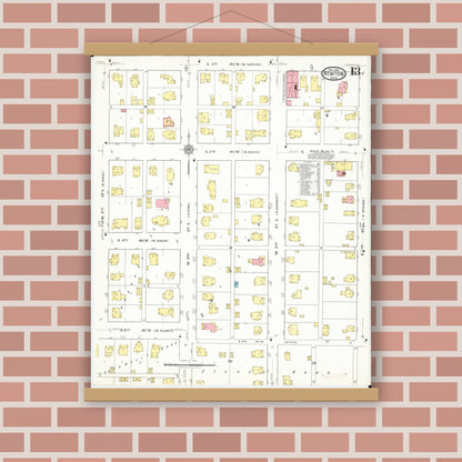 Old map wall art mockup — magnetic wood frame on brick wall — Sanborn Fire Insurance Map from Newton, Jasper County, Iowa (1918), Sheet #0013