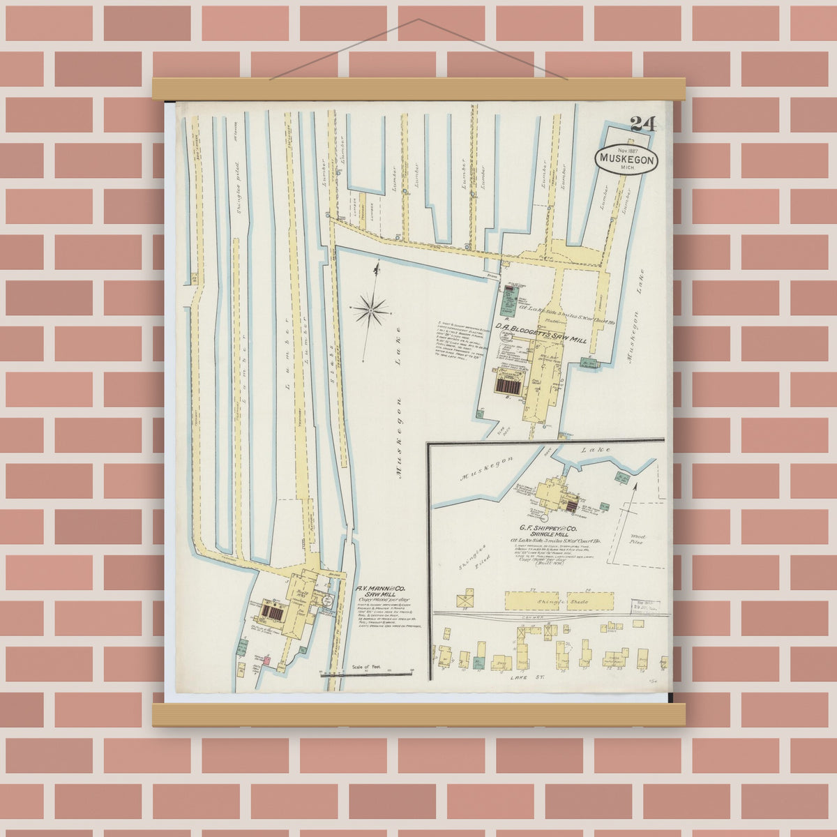 Old map wall art mockup — magnetic wood frame on brick wall — Sanborn Fire Insurance Map from Muskegon, Muskegon County, Michigan (1887), Sheet #0024