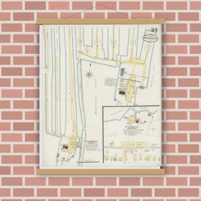 Old map wall art mockup — magnetic wood frame on brick wall — Sanborn Fire Insurance Map from Muskegon, Muskegon County, Michigan (1887), Sheet #0024