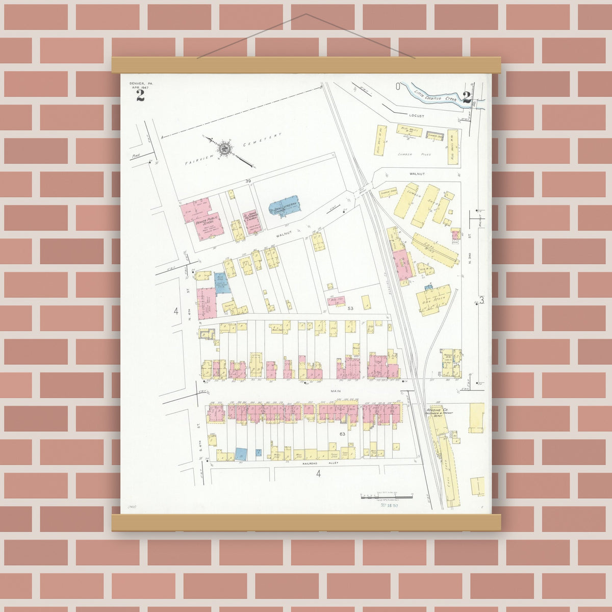 Old map wall art mockup — magnetic wood frame on brick wall — Sanborn Fire Insurance Map from Denver, Lancaster County, Pennsylvania (1947), Sheet #0002