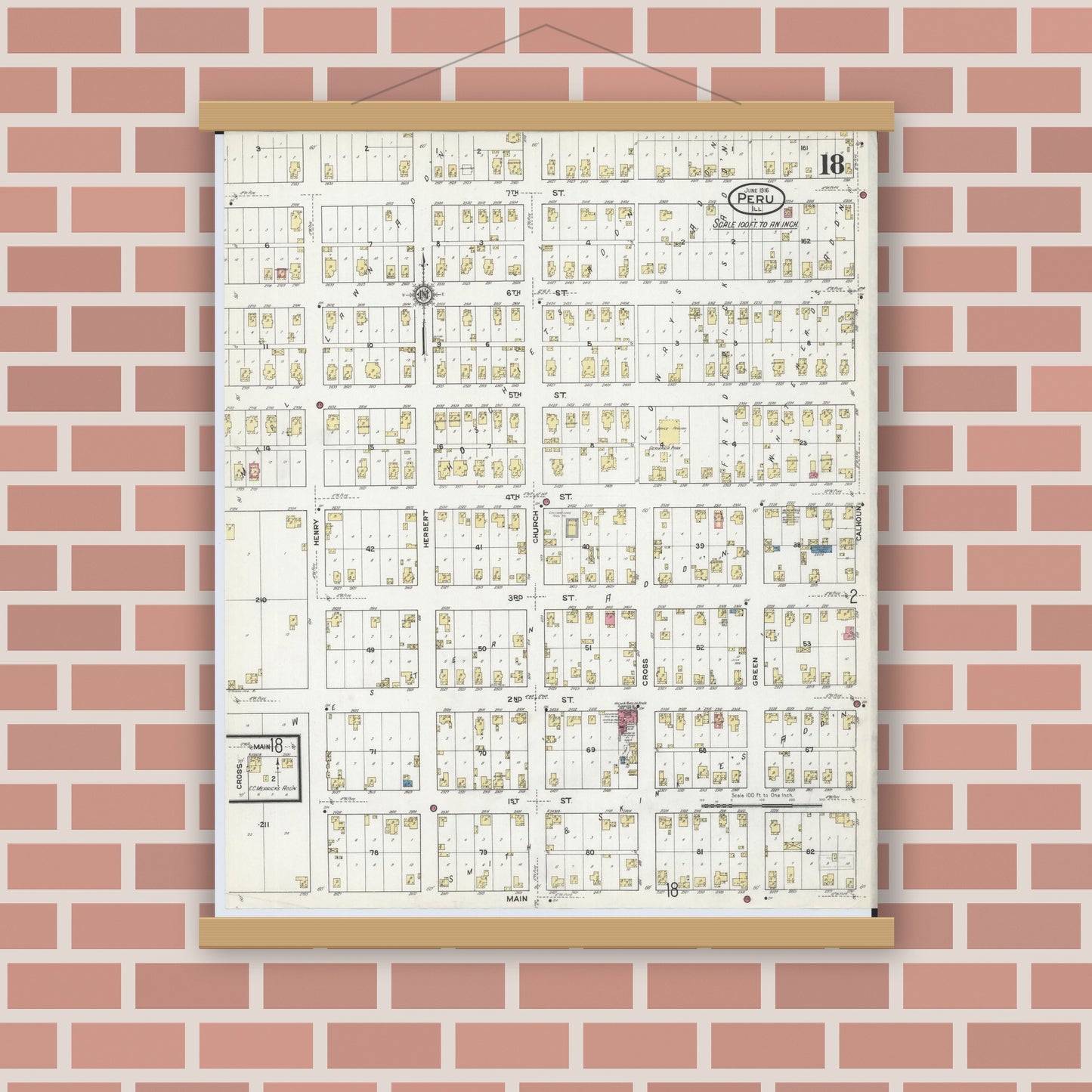 Old map wall art mockup — magnetic wood frame on brick wall — Sanborn Fire Insurance Map from Peru, La Salle County, Illinois (1916), Sheet #0018