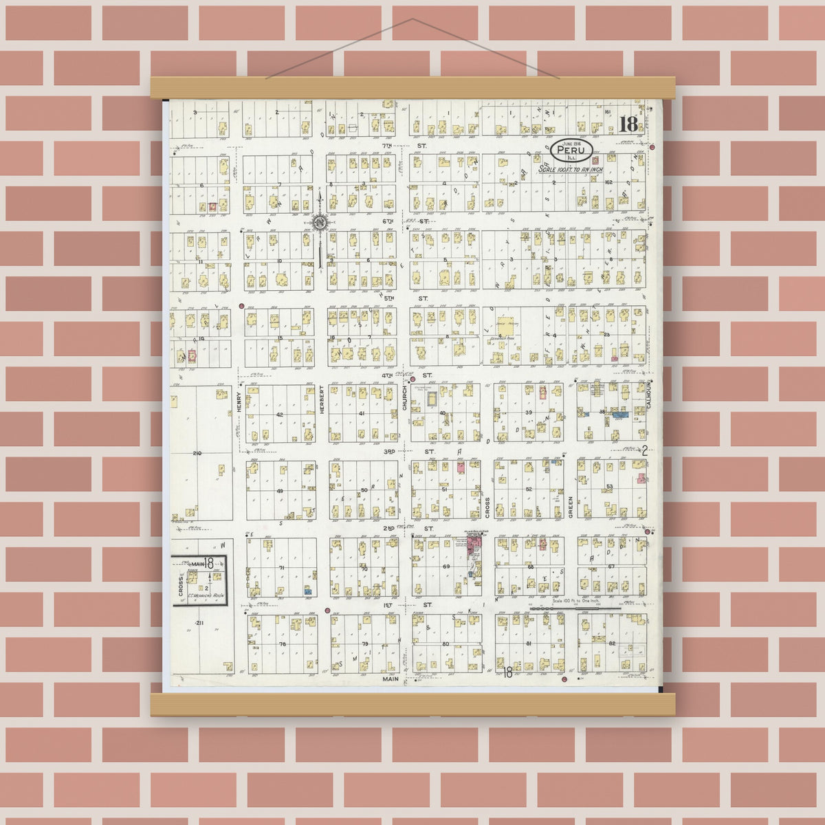 Old map wall art mockup — magnetic wood frame on brick wall — Sanborn Fire Insurance Map from Peru, La Salle County, Illinois (1916), Sheet #0018