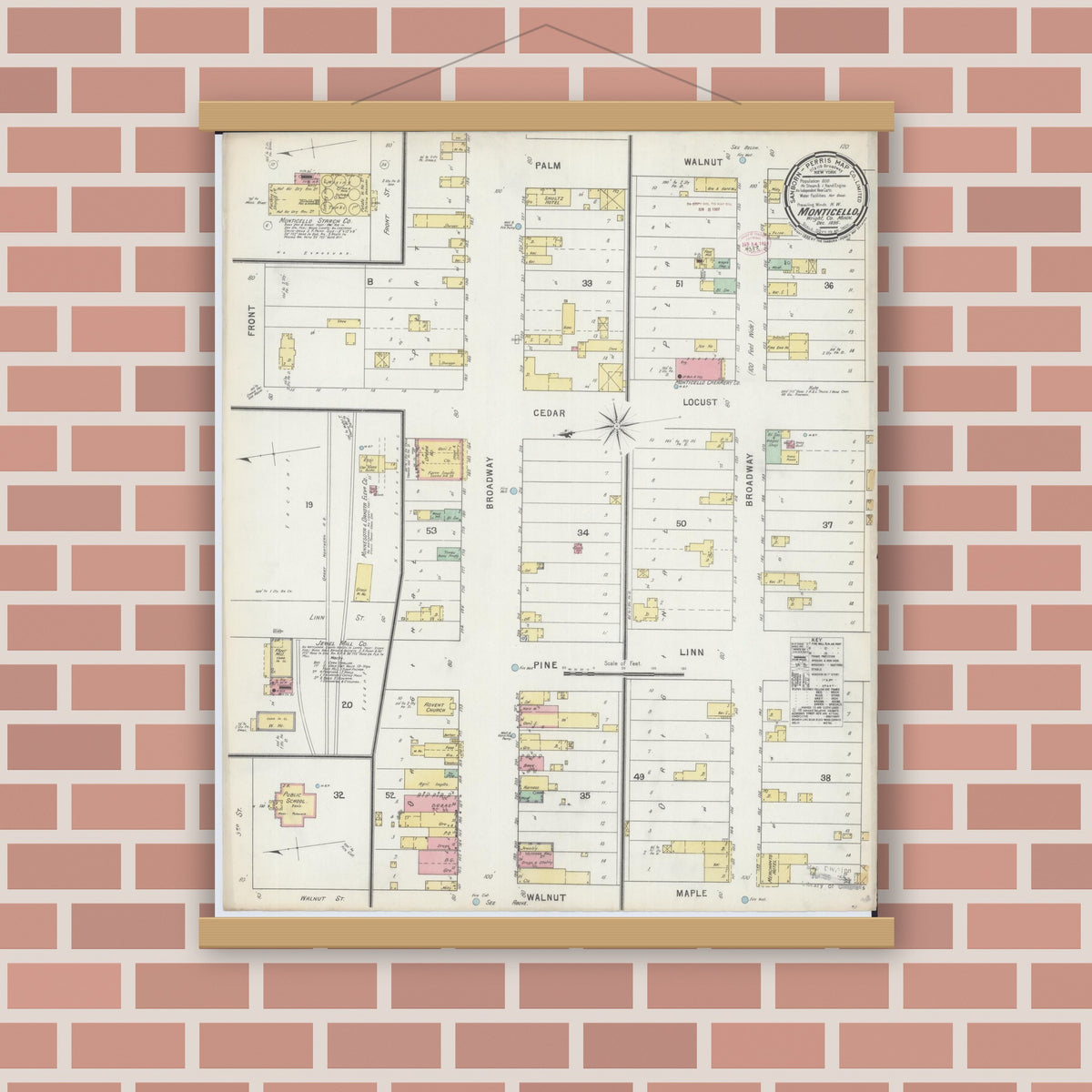 Old map wall art mockup — magnetic wood frame on brick wall — Sanborn Fire Insurance Map from Monticello, Wright County, Minnesota (1895), Sheet #0001