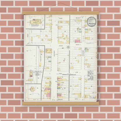 Old map wall art mockup — magnetic wood frame on brick wall — Sanborn Fire Insurance Map from Monticello, Wright County, Minnesota (1895), Sheet #0001