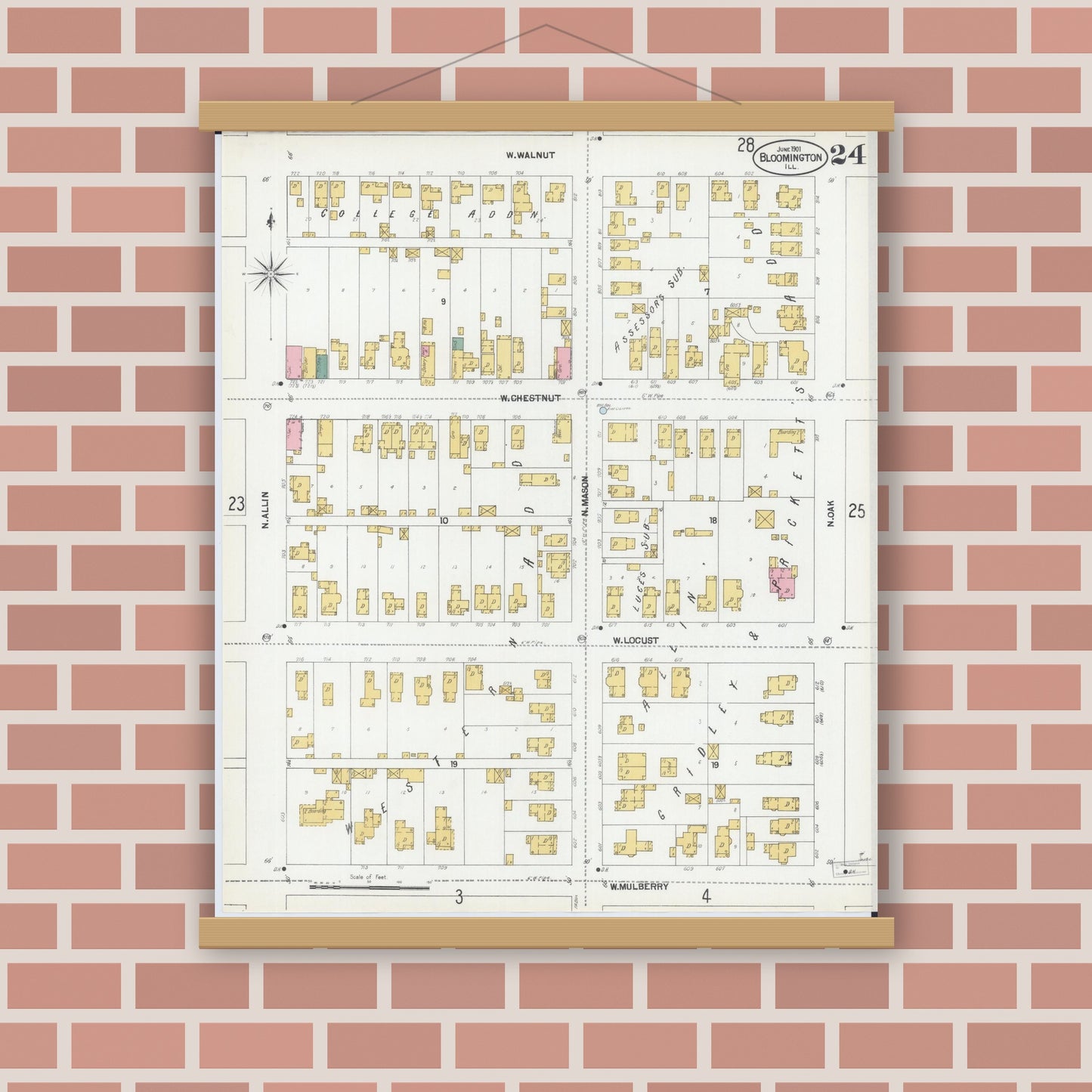 Old map wall art mockup — magnetic wood frame on brick wall — Sanborn Fire Insurance Map from Bloomington, McLean County, Illinois (1901), Sheet #0024