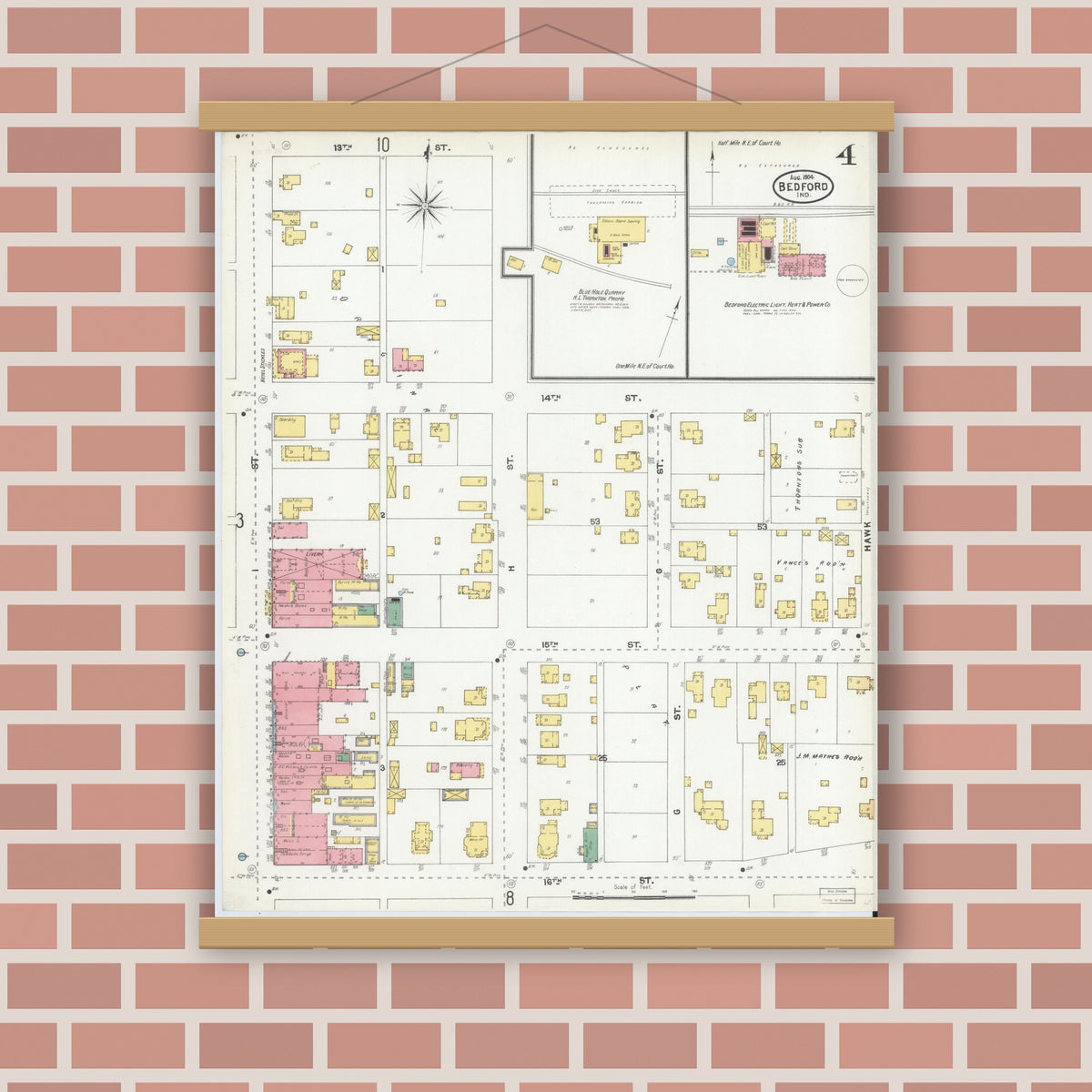 Old map wall art mockup — magnetic wood frame on brick wall — Sanborn Fire Insurance Map from Bedford, Lawrence County, Indiana (1904), Sheet #0004
