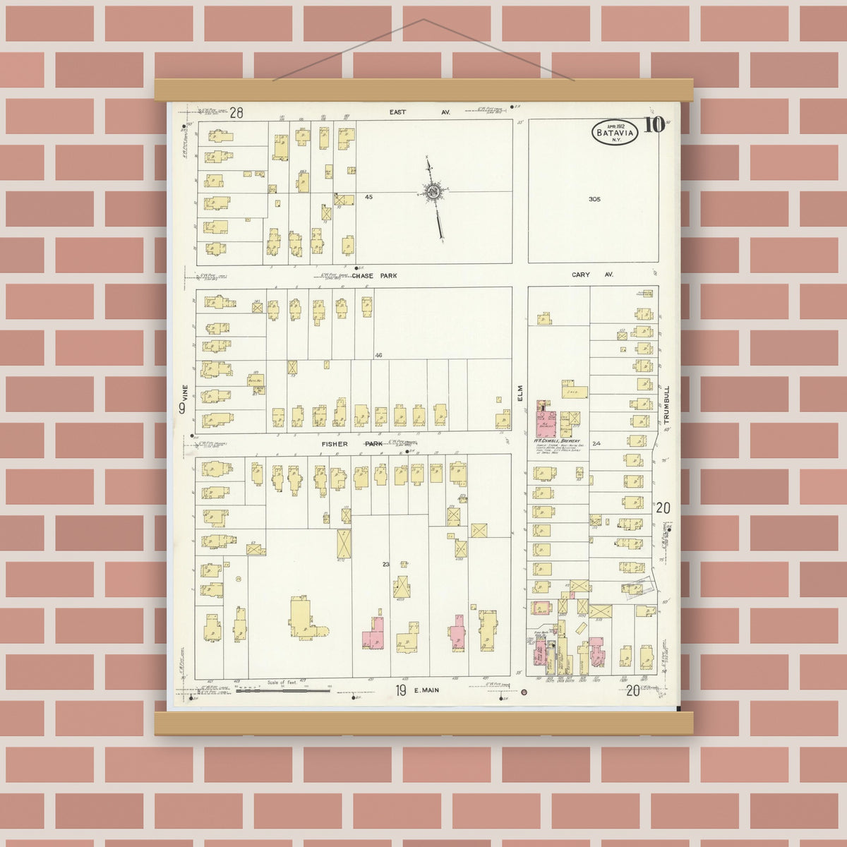 Old map wall art mockup — magnetic wood frame on brick wall — Sanborn Fire Insurance Map from Batavia, Genesee County, New York (1912), Sheet #0010