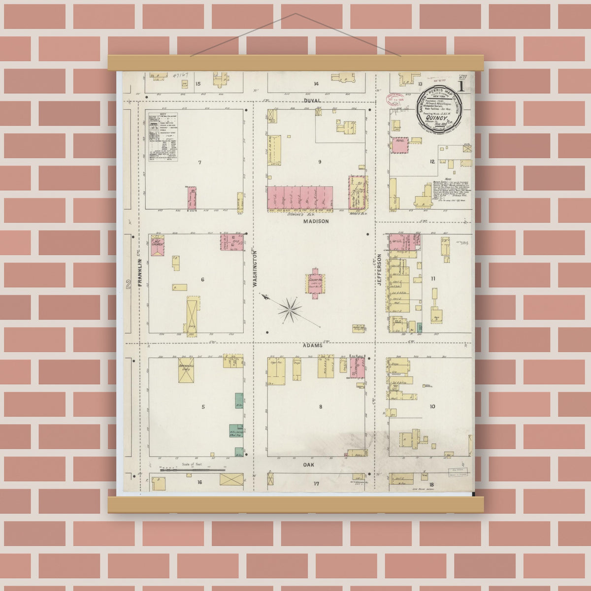Old map wall art mockup — magnetic wood frame on brick wall — Sanborn Fire Insurance Map from Quincy, Gadsden County, Florida (1895), Sheet #0001