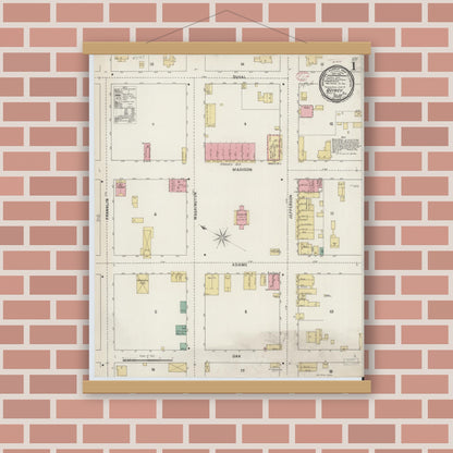 Old map wall art mockup — magnetic wood frame on brick wall — Sanborn Fire Insurance Map from Quincy, Gadsden County, Florida (1895), Sheet #0001