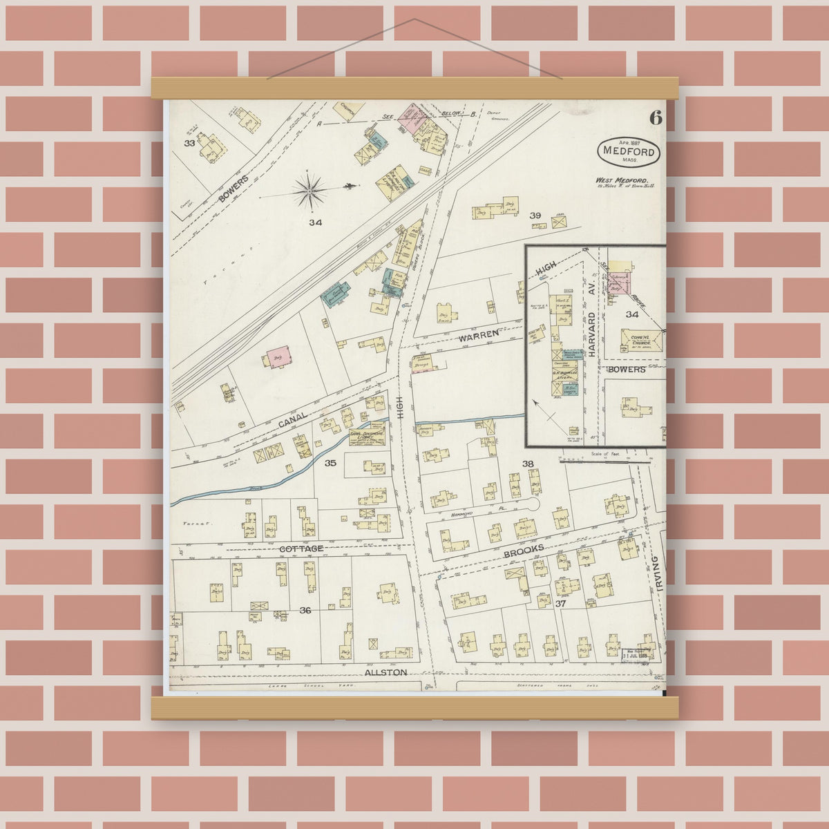 Old map wall art mockup — magnetic wood frame on brick wall — Sanborn Fire Insurance Map from Medford, Middlesex County, Massachusetts (1887), Sheet #0006