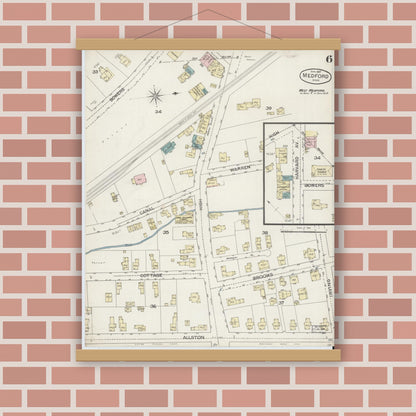 Old map wall art mockup — magnetic wood frame on brick wall — Sanborn Fire Insurance Map from Medford, Middlesex County, Massachusetts (1887), Sheet #0006