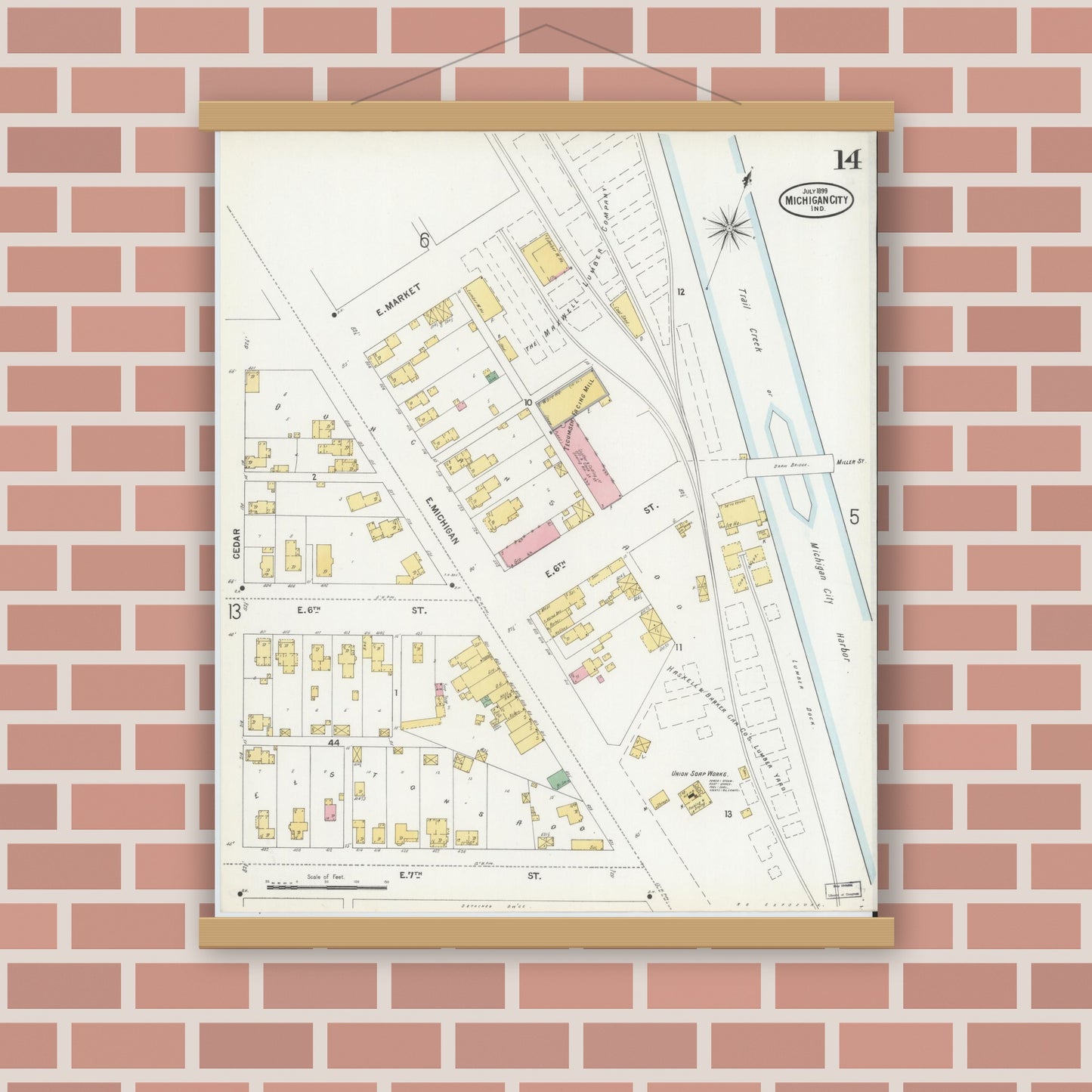 Old map wall art mockup — magnetic wood frame on brick wall — Sanborn Fire Insurance Map from Michigan City, La Porte County, Indiana (1899), Sheet #0014