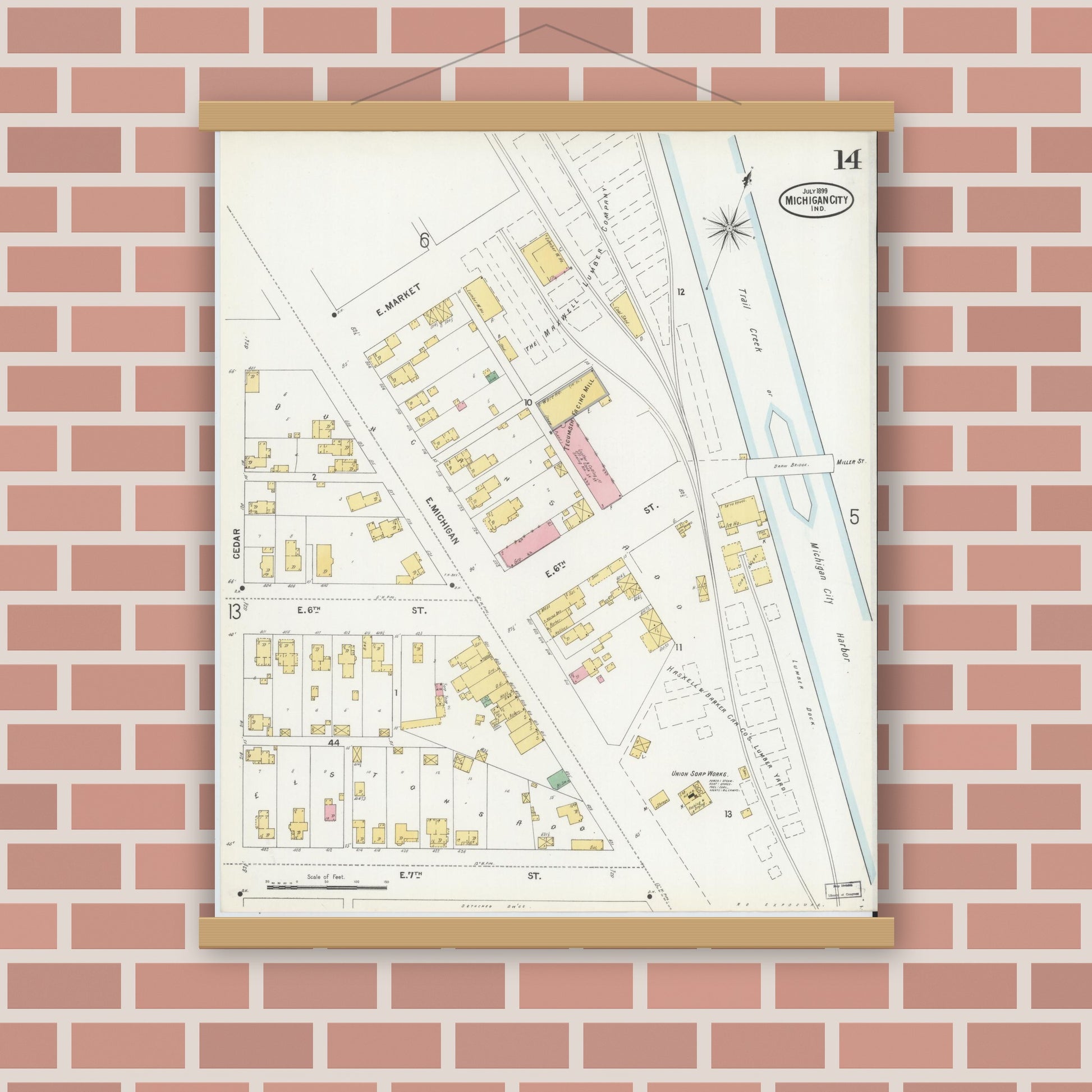 Old map wall art mockup — magnetic wood frame on brick wall — Sanborn Fire Insurance Map from Michigan City, La Porte County, Indiana (1899), Sheet #0014