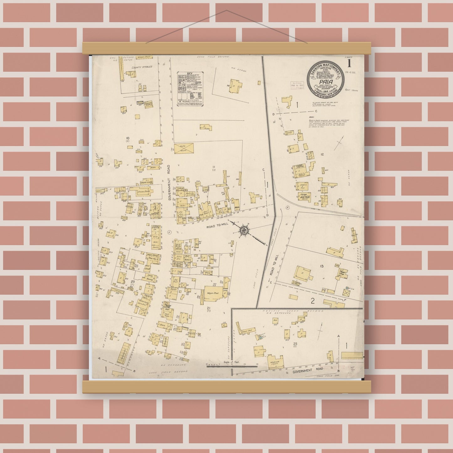Old map wall art mockup — magnetic wood frame on brick wall — Sanborn Fire Insurance Map from Paia, Maui County, Hawaii (1914), Sheet #0001