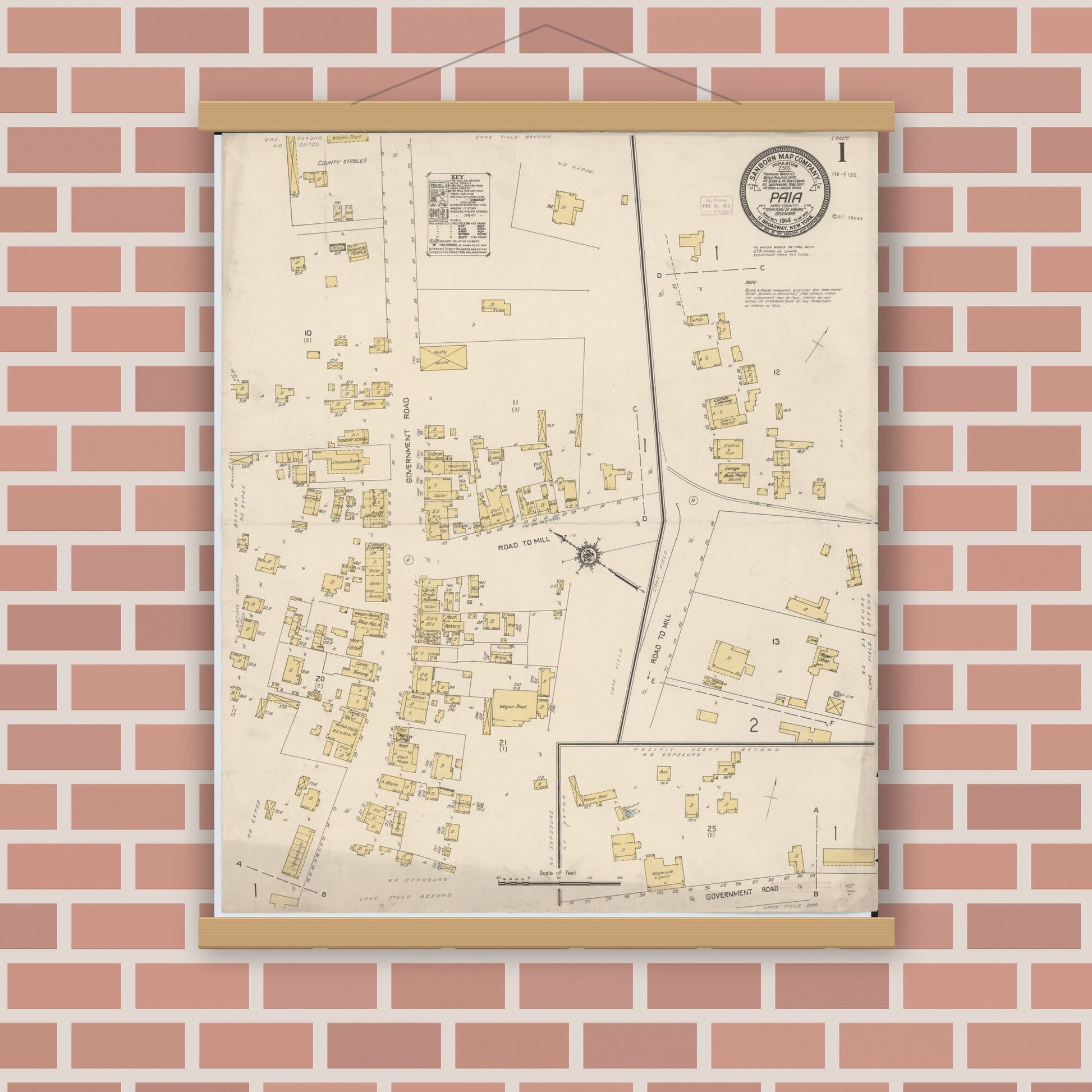 Old map wall art mockup — magnetic wood frame on brick wall — Sanborn Fire Insurance Map from Paia, Maui County, Hawaii (1914), Sheet #0001