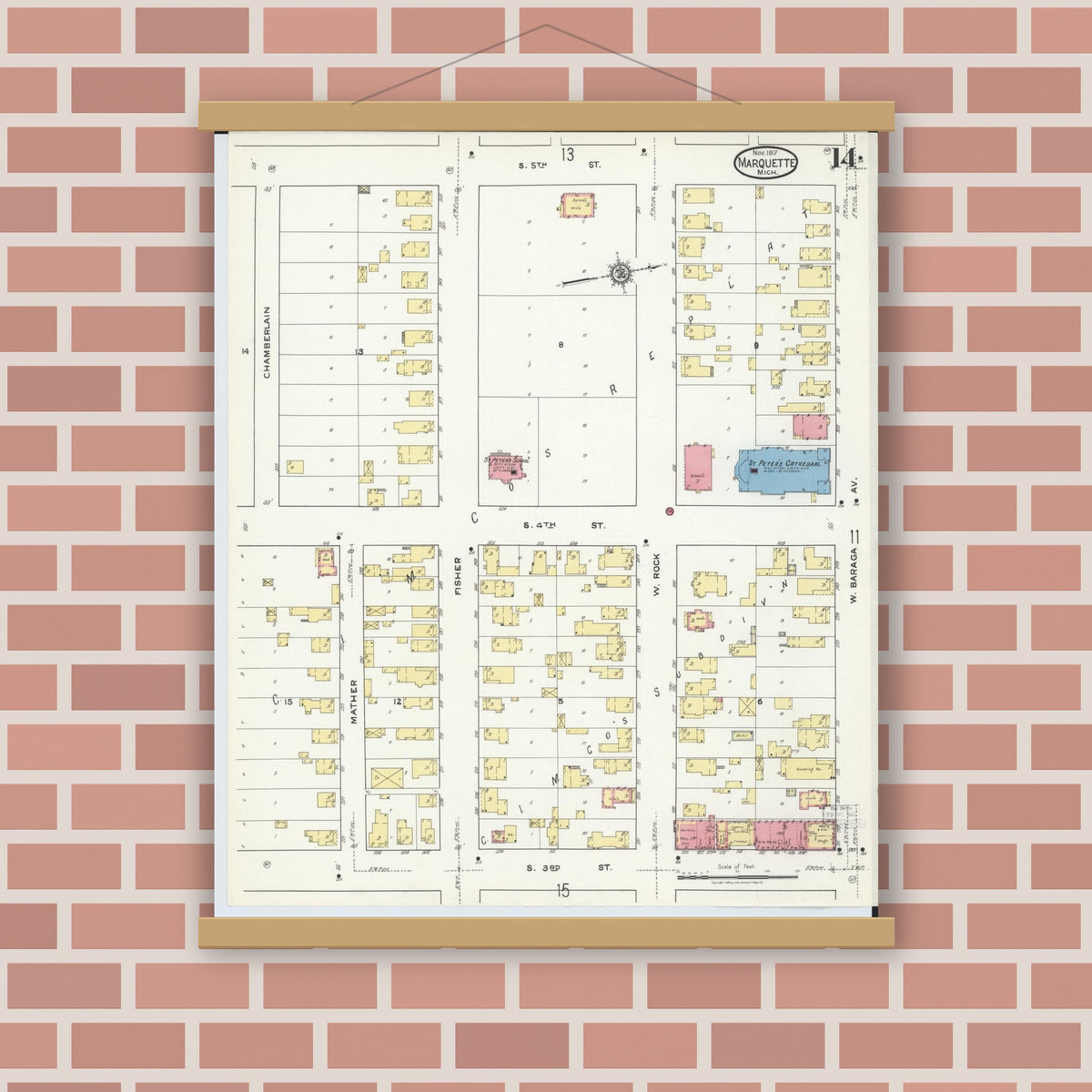 Old map wall art mockup — magnetic wood frame on brick wall — Sanborn Fire Insurance Map from Marquette, Marquette County, Michigan (1917), Sheet #0014