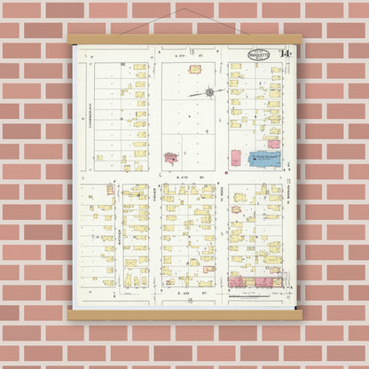 Old map wall art mockup — magnetic wood frame on brick wall — Sanborn Fire Insurance Map from Marquette, Marquette County, Michigan (1917), Sheet #0014