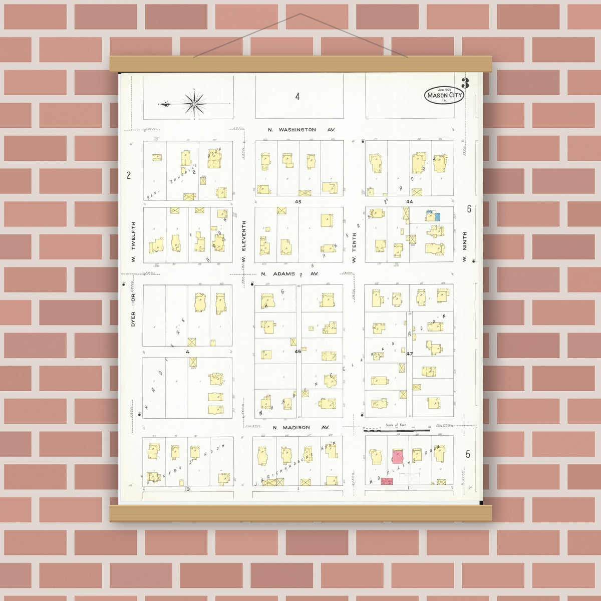 Old map wall art mockup — magnetic wood frame on brick wall — Sanborn Fire Insurance Map from Mason City, Cerro Gordo County, Iowa (1909), Sheet #0003