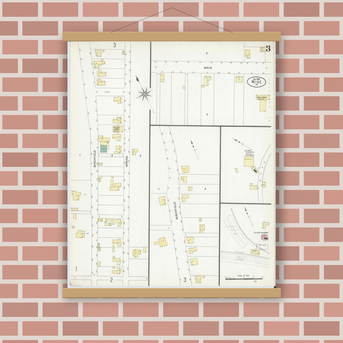 Old map wall art mockup — magnetic wood frame on brick wall — Sanborn Fire Insurance Map from Wise, Wise County, Virginia (1908), Sheet #0003