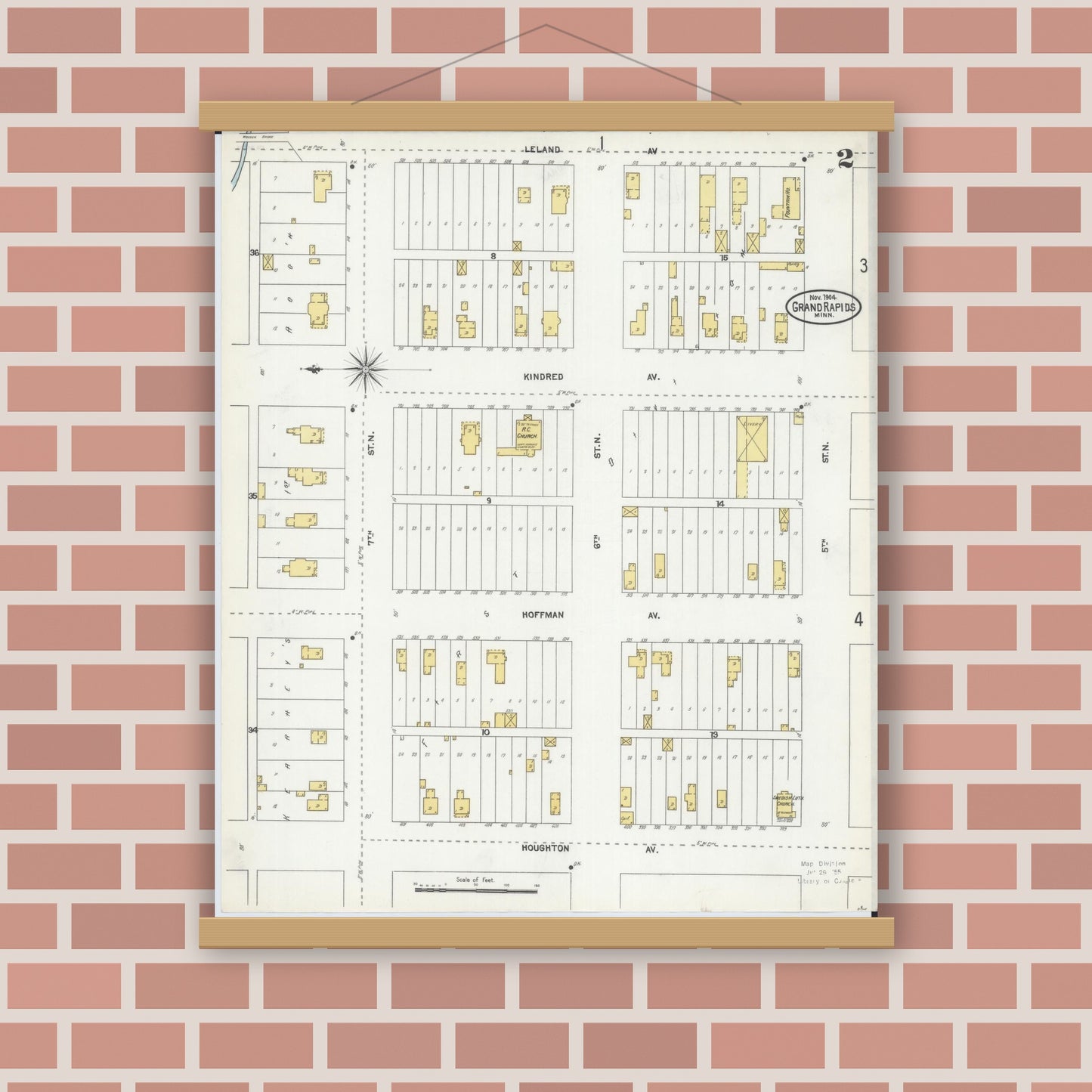Old map wall art mockup — magnetic wood frame on brick wall — Sanborn Fire Insurance Map from Grand Rapids, Itasca County, Minnesota (1904), Sheet #0002